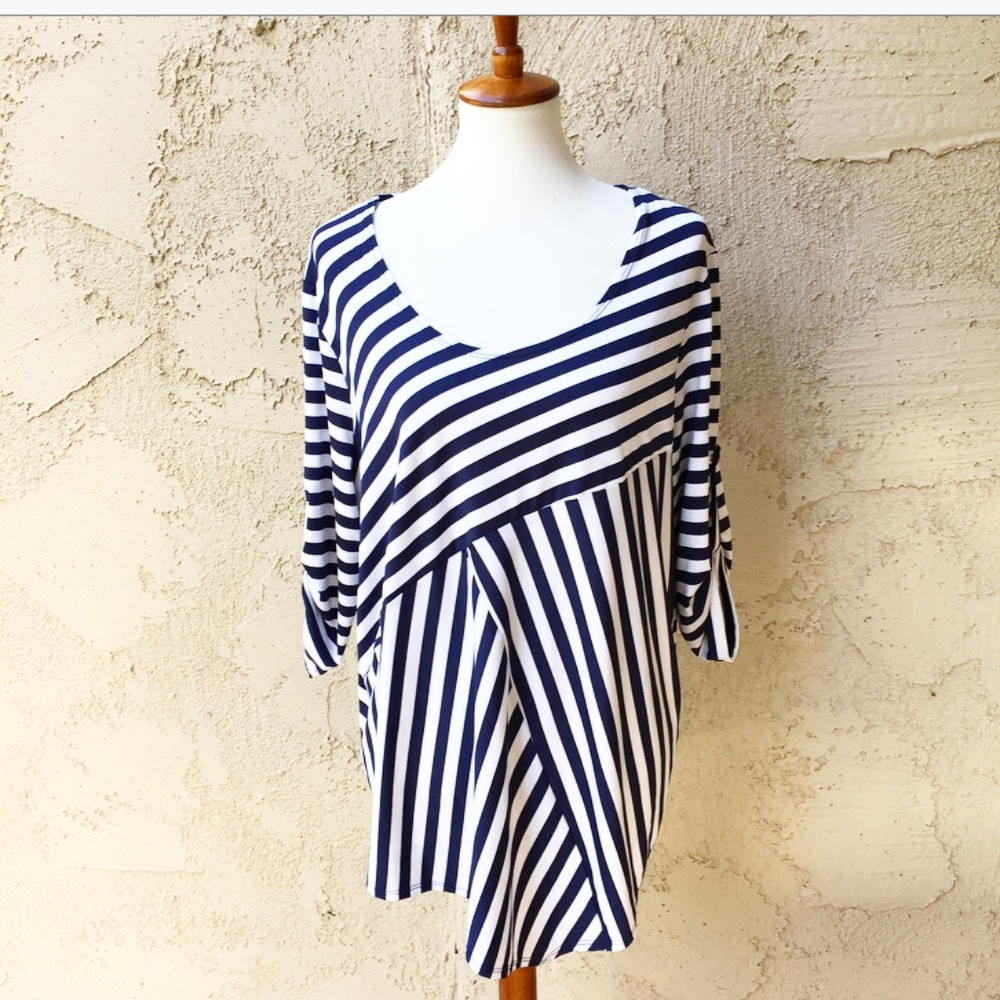 Slinky Brand Navy White Striped 3/4 Sleeve Top